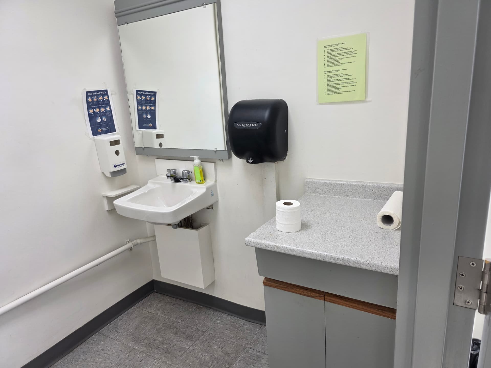 Specimen collection washroom with hand-washing instructions